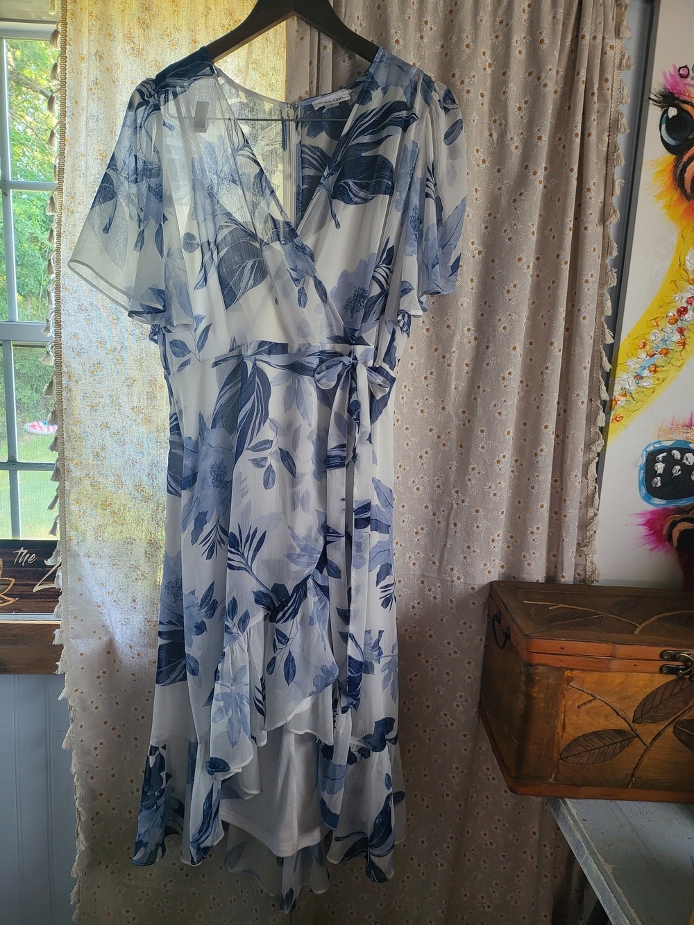 Calvin Klein Blue Floral Faux-Wrap High-Low Midi Dress Size 12